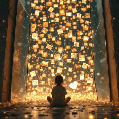 The primary subject of the image is a young girl sitting on the ground, surrounded by a large number of lit-up heart-shaped lanterns. The setting is an outdoor area with a doorway visible in the background. The visual style of the image is a combination of a photo and digital art, creating a unique and captivating atmosphere. The dominant colors in the image are warm and inviting, with the hearts and lanterns being the main focus of the scene.